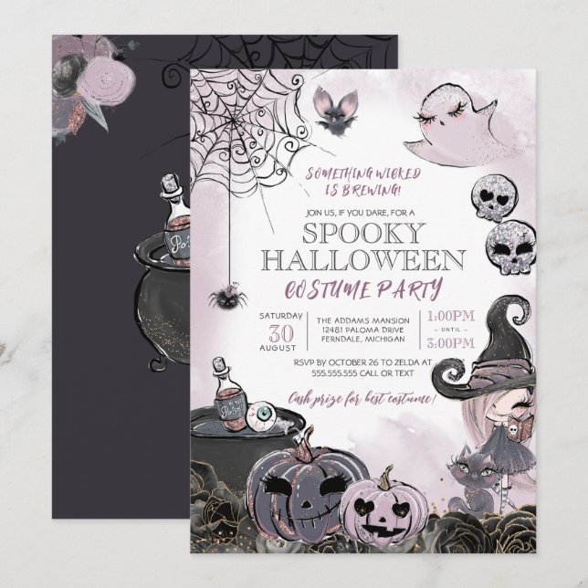 Halloween Costume Party Spooky Cute Witch Inbjudningar (Fram/baksida)