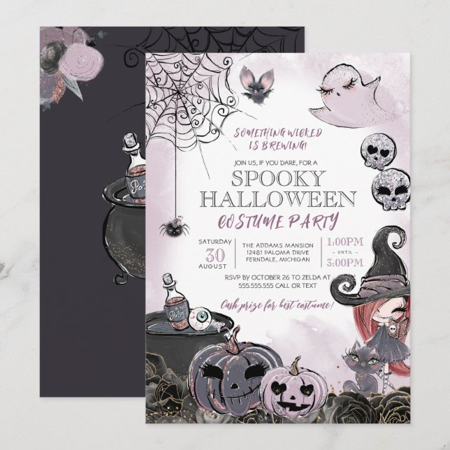 Halloween Costume Party Spooky Cute Witch Inbjudningar (Fram/baksida)