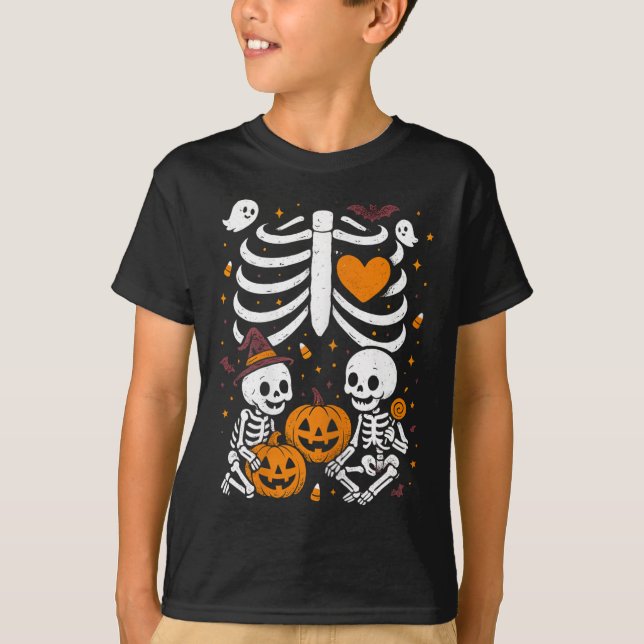 Halloween Costume Pregnant Woman Twins Pumpkin Rib T Shirt (Framsida)