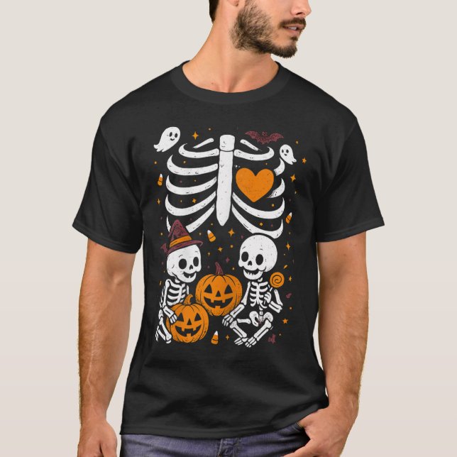 Halloween Costume Pregnant Woman Twins Pumpkin Rib T Shirt (Framsida)