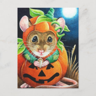 Halloween Costume Pumpkin Mouse Watercolor Art Vykort