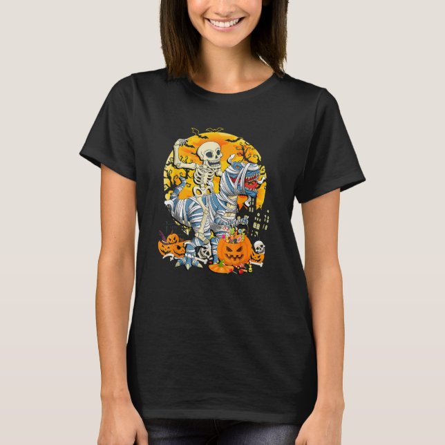 Halloween Costume Skeleton Riding Rex Dinosaur Kid T Shirt (Framsida)