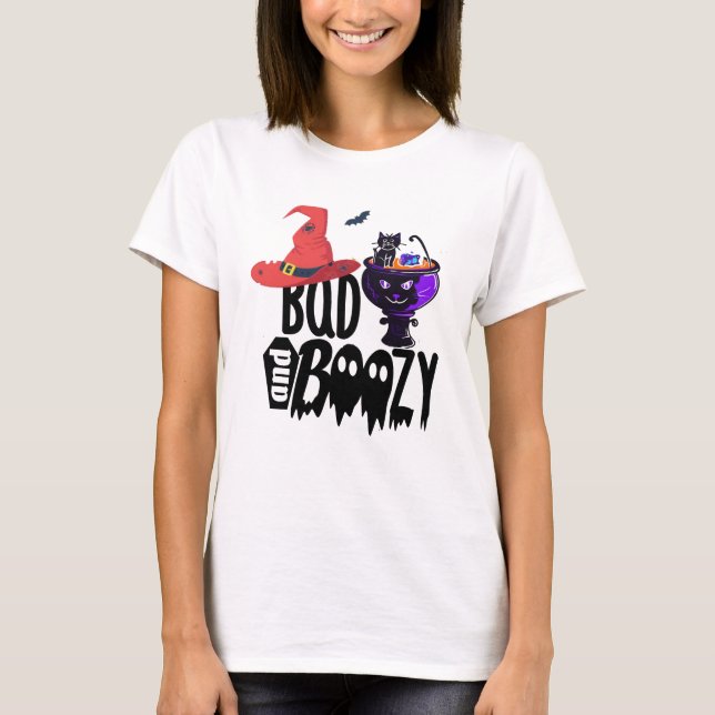 Halloween Costume Tee, Cat Witch Bad & Boozy T Shirt (Framsida)
