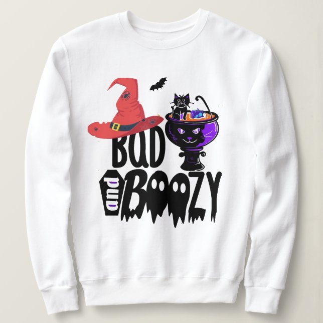 Halloween Costume Tee, Witch Bad & Boozy Black Cat T Shirt (Design framsida)