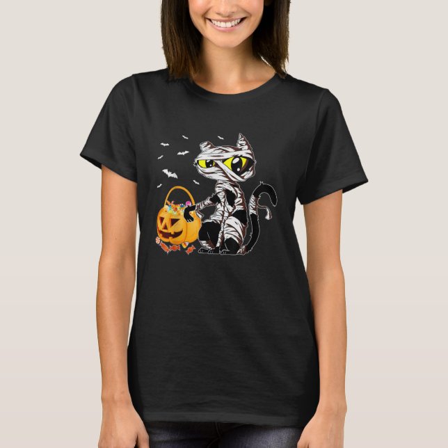 Halloween Costumes Cat Mummy Pumpkin Candy Basket T Shirt (Framsida)