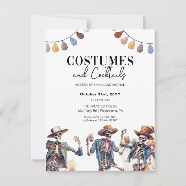 Halloween Costumes och Cocktails Skeleton invitati Meddelande (Framsida)