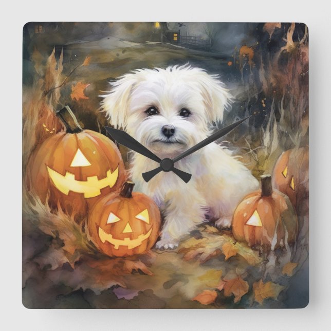 Halloween Coton de Tulear med påssjuka Fyrkantig Klocka (Framsida)