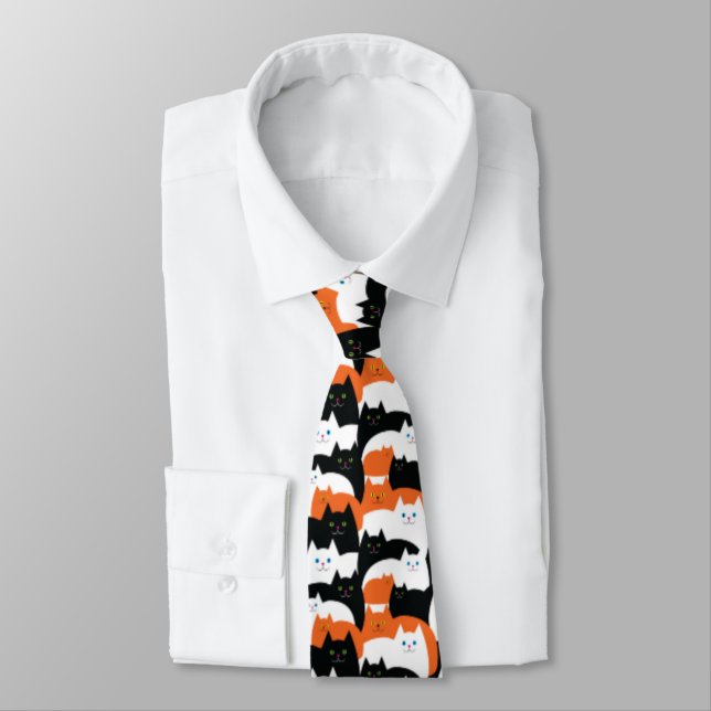 Halloween Crazy Cat Guy Orange och Svarta katter Slips (Bunden)