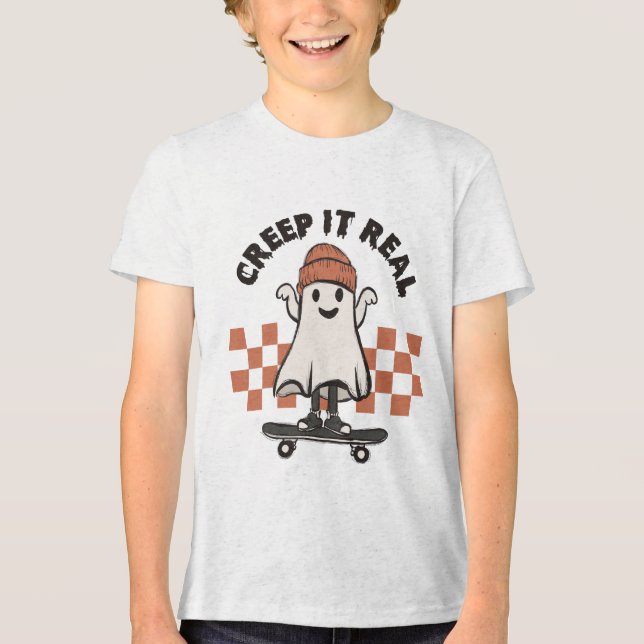 Halloween Creep It Real Cute Ghost Skateboard T Shirt (Framsida)