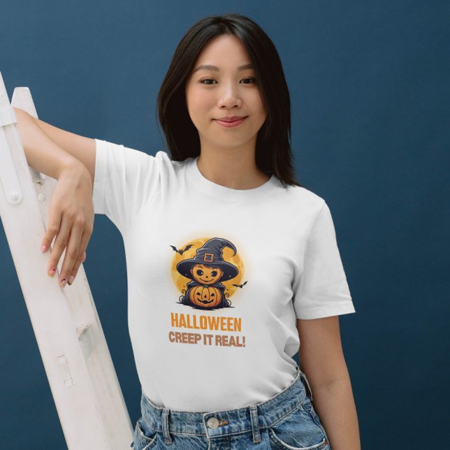 Halloween Creep It Real Pumpkin & Witch Womens T Shirt (Creep It Real this Halloween with this fun women's tee!)