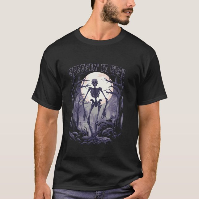 Halloween Creepin Det riktiga talet Skeleton hemsö T Shirt (Framsida)
