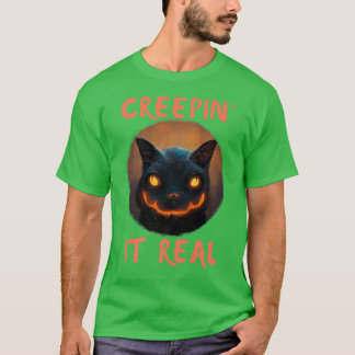 Halloween Creepin' It Real Jack o Lantern Cat  T Shirt