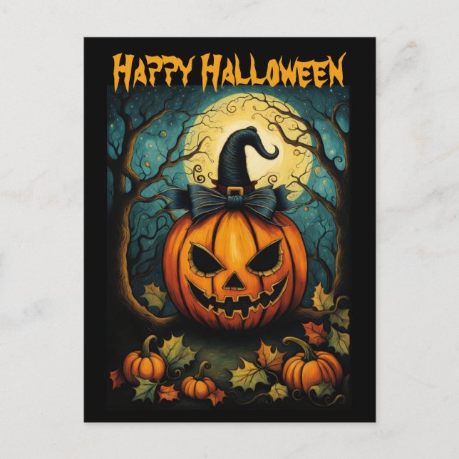 Halloween Creepy Bow Pumpkin Black Vykort (Framsida)