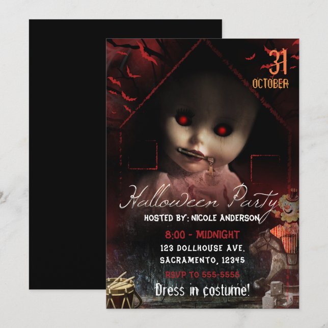 Halloween Creepy Haunted Doll Party Inbjudningar (Fram/baksida)