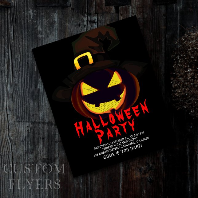 Halloween Creepy Jack o lantern Party-inbjudan Flygblad (Set the mood for a hauntingly good time with this spooky Jack O' Lantern design invitation!)