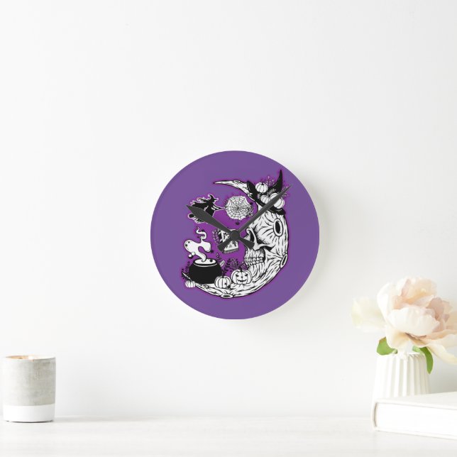 Halloween Crescent Måne Witch Skull Rund Klocka (Hem)