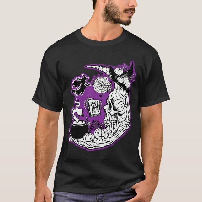 Halloween Crescent Måne Witch Skull T Shirt (Framsida)