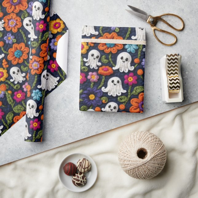 Halloween Crochet Stil Spöken och Flowers Presentpapper (Hantverk)