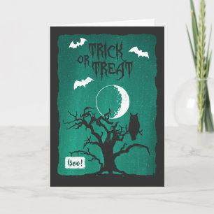 Halloween Croved Träd Uggla Måne Fladdermus Dikt Kort