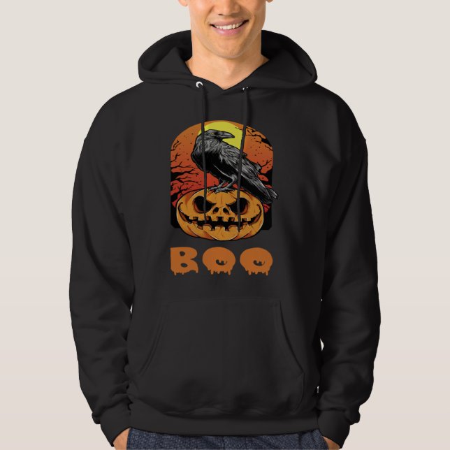 Halloween Crow Raven Moon Pumpkin Costume Boo Hoodie (Framsida)