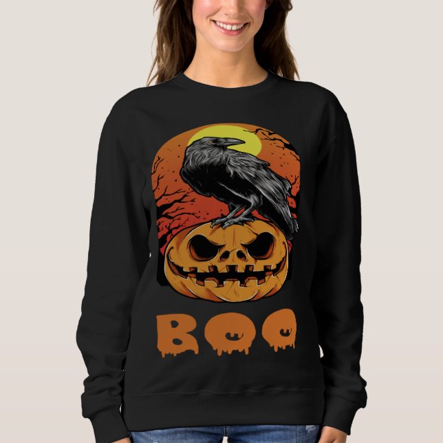 Halloween Crow Raven Moon Pumpkin Costume Boo T Shirt (Framsida)