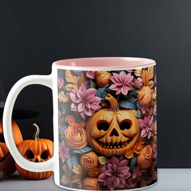 Halloween Cute 3D Pumpkin and Flowers, Rosa Två-Tonad Mugg (Skapare uppladdad)