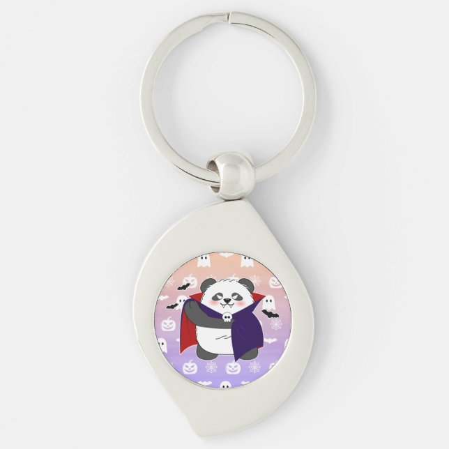 Halloween Cute Baby Panda Dracula Vampire Swirl Silverfärgad Nyckelring (Framsidan)