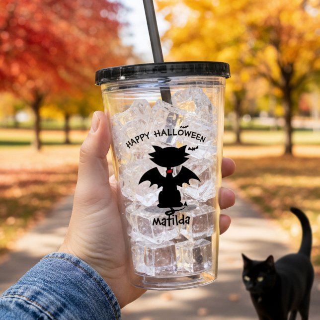 Halloween Cute Black Cat Fladdermus Vingar Acrylic Take Away Mugg (Happy Halloween from the black cat! Add your name to this cute acrylic tumbler)