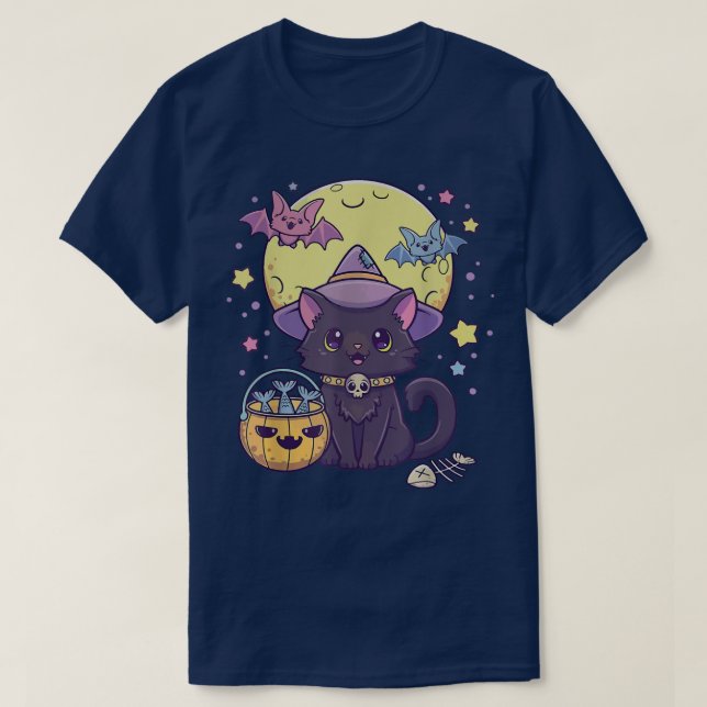 Halloween Cute Black Cat Kawaii Pastel Goth Witch T Shirt (Design framsida)