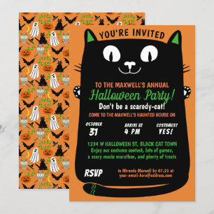 Halloween Cute Black Cat Kids Party Spooktacular Inbjudningar