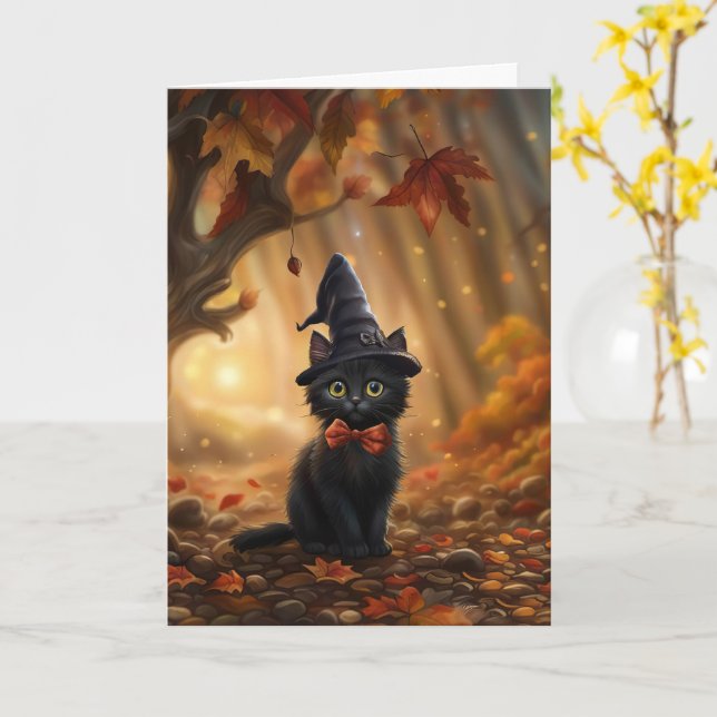 Halloween Cute Black Cat med Witch Hat and Fall Kort (Gul blomma)
