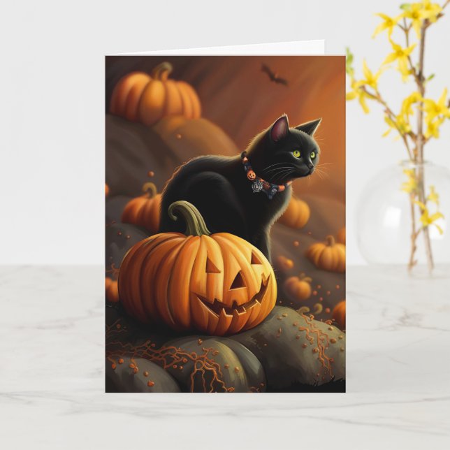 Halloween Cute Black Cat och Jack o lantern Kort (Gul blomma)