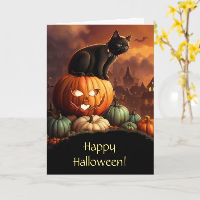 Halloween Cute Black Cat och Jack o lantern Kort (Gul blomma)