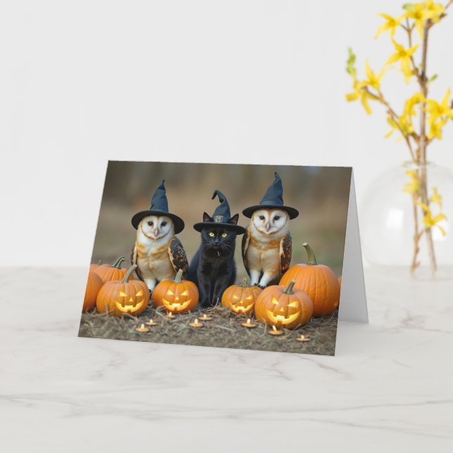 Halloween Cute Black Cat och Uggla Jack o lantern Kort (Gul blomma)