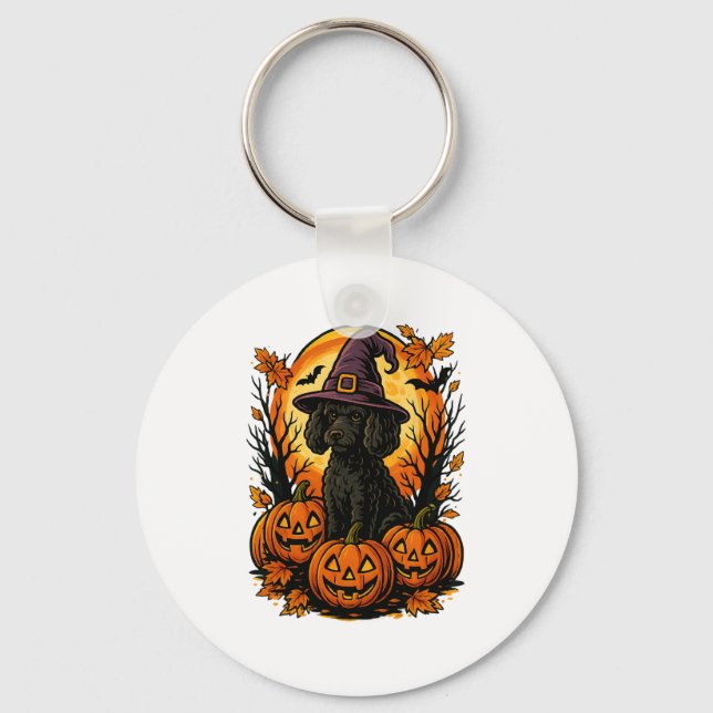 Halloween Cute Black Pudel Witch Hat Pumpkins Aut Nyckelring (Framsida)