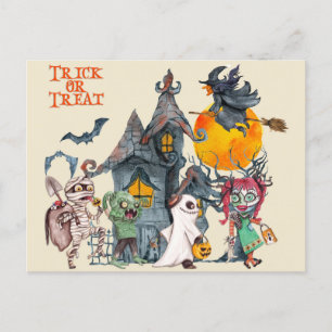 Halloween Cute Bus eller godis Creatures Vykort