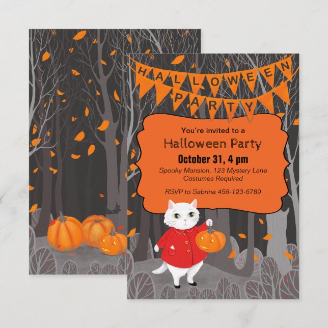 Halloween Cute Cat & Jack-o’ lantern Pumpkin Inbjudningar (Fram/baksida)