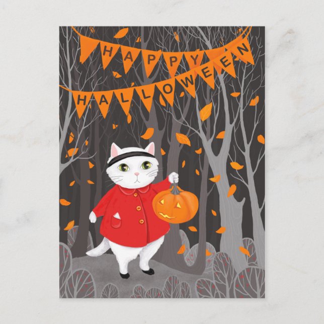 Halloween Cute Cat & Jack-o’ lantern Pumpkin Vykort (Framsida)