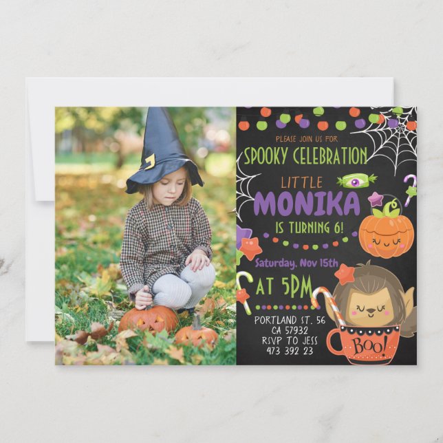 Halloween Cute Chalkboard-fotofödelsedag Inbjudningar (Framsida)