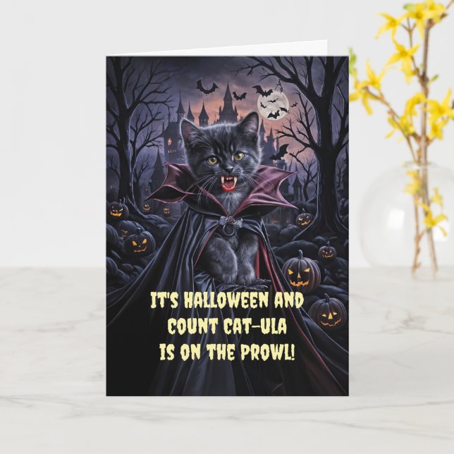 Halloween Cute Dracula Vampire Cat Kitten Kort (Gul blomma)