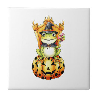 Halloween Cute Frog on Pumpkin Kakelplatta
