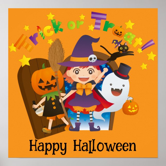 Halloween Cute Funny Whimsical Witch Girl Orange Poster (Framsidan)