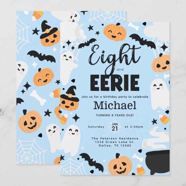 Halloween Cute Ghost 8th Birthday Party Invitation Inbjudningar (Fram/baksida)