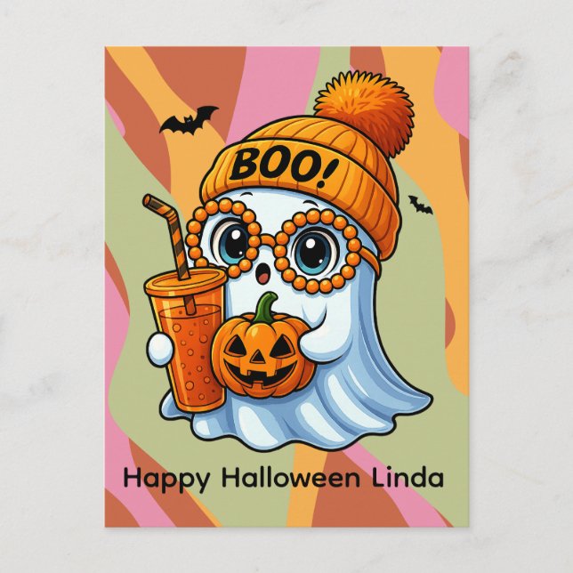 Halloween Cute Ghost Fall Rosa Orange Vykort (Framsida)