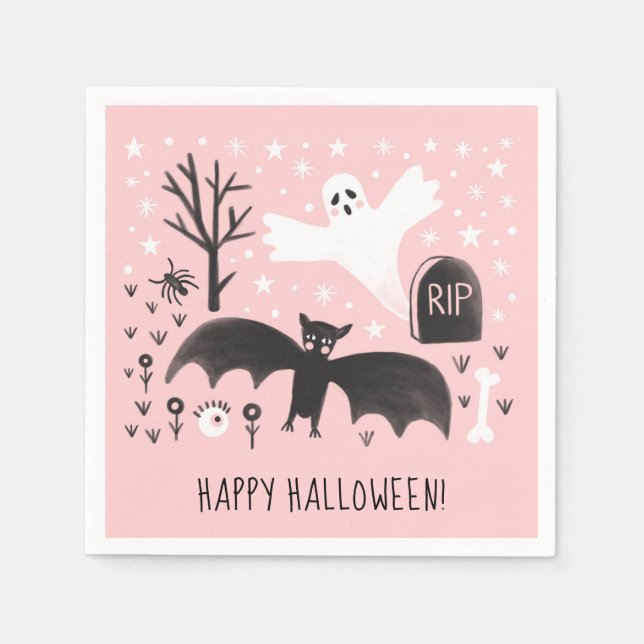 Halloween Cute Ghost Fladdermus Black Rosa Illustr Pappersservett (Framsidan)