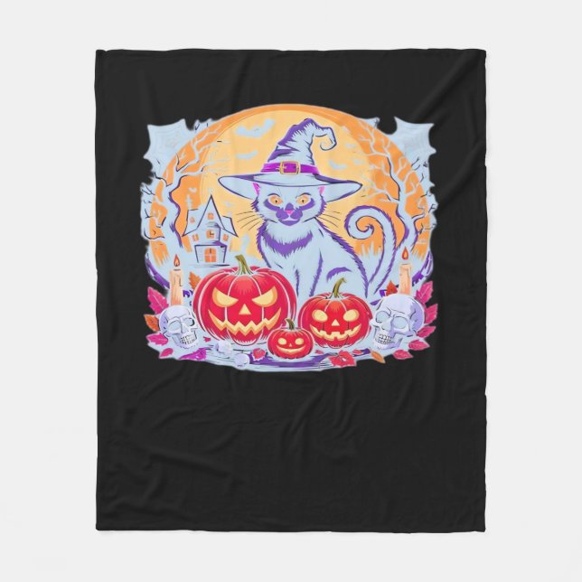 Halloween Cute Ghost Pumpkin Cat Classic T-Shirt Fleecefilt (Framsidan)