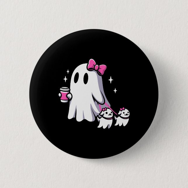 Halloween Cute Ghost Walking Hund Spooky Rosa Coqu Knapp (Framsida)
