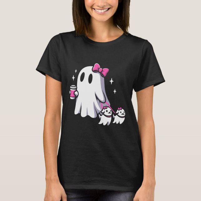 Halloween Cute Ghost Walking Hund Spooky Rosa Coqu T Shirt (Framsida)