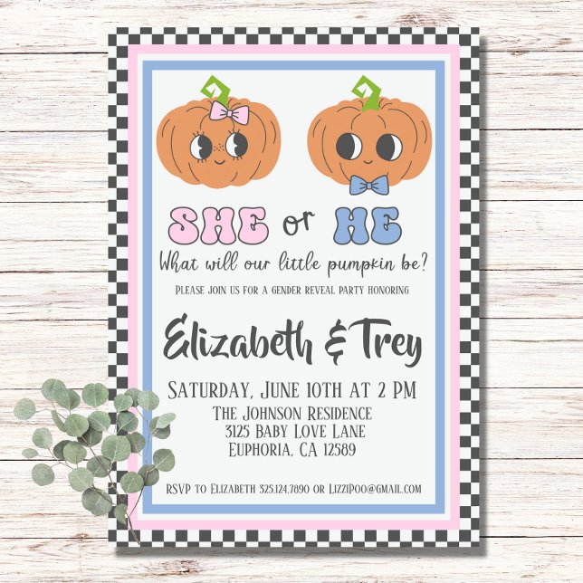 Halloween Cute Groovy Pumpkin Gender Reveal Inbjudningar (Cute Pumpkin Gender Reveal Invitation)