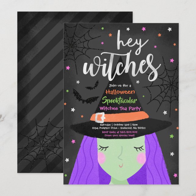Halloween Cute Hej Witches Halloween Tea Party Inbjudningar (Fram/baksida)